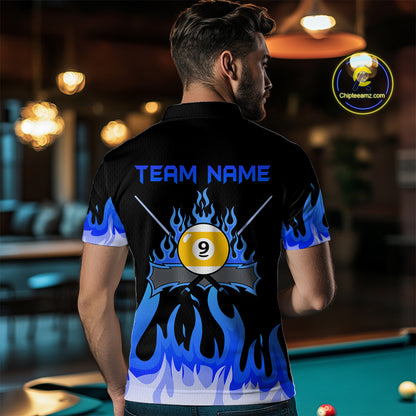 Custom 9 Ball Blue Flaming Billiard Shirts for Men Billiard Team Shirts Billiard League NNT73