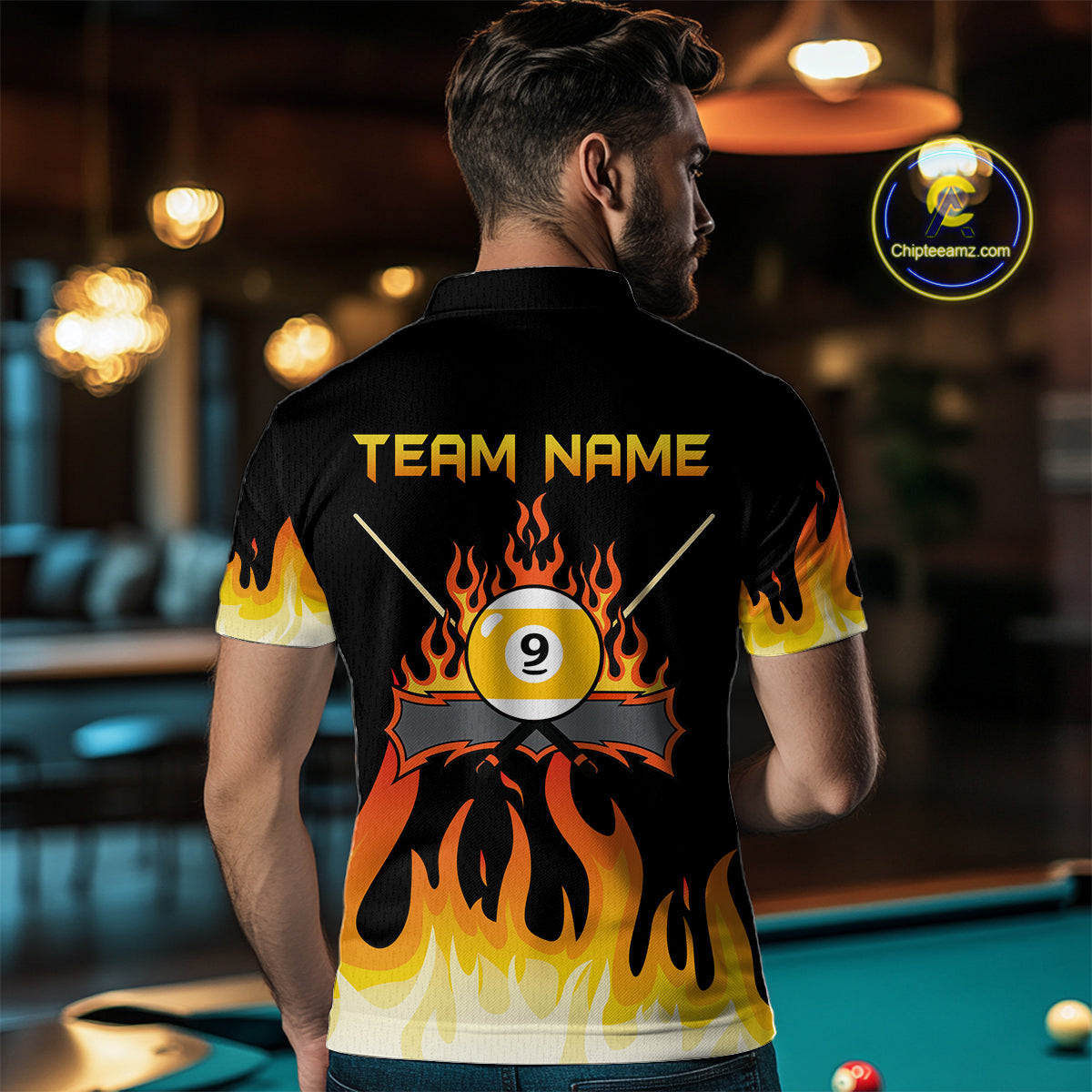 Custom 9 Ball Orange Flaming Billiard Shirts for Men Billiard Team Shirts Billiard League NNT73