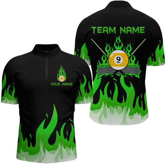 Custom 9 Ball Green Flaming Billiard Shirts for Men Billiard Team Shirts Billiard League NNT73
