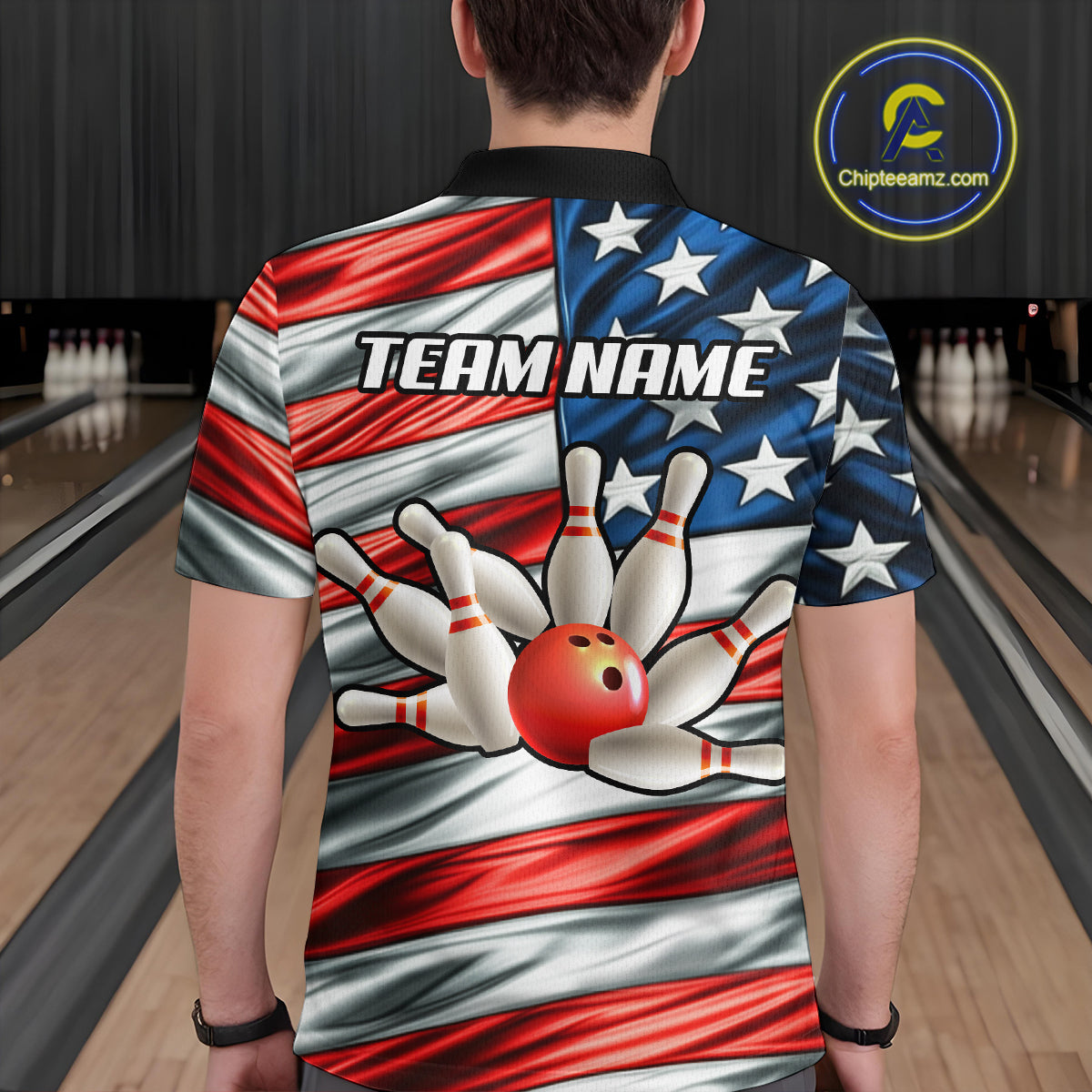 Custom American Flag Bowling Men Shirts Bowling Uniform Polo & 1/4 Zip Bowling Team Jerseys HNT97