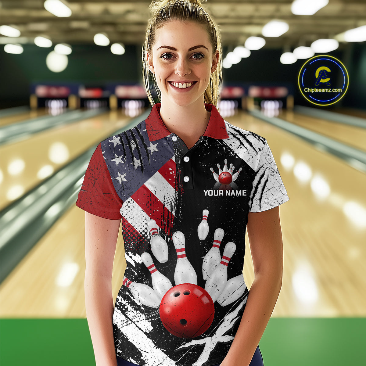 Custom US Flag Bowling Shirts for Women Polo & Quarter-Zip Bowling Team Bowling League HNT83