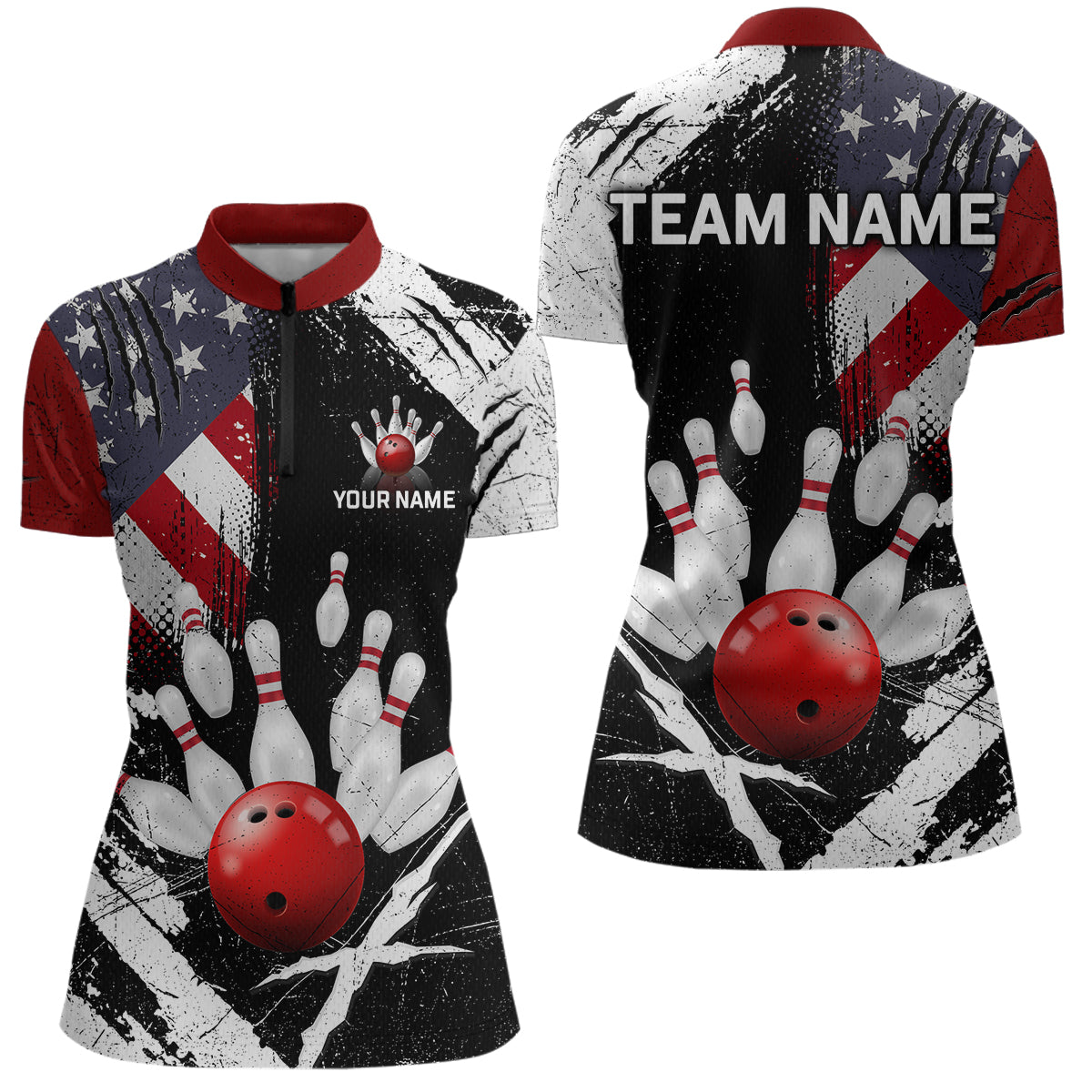 Custom US Flag Bowling Shirts for Women Polo & Quarter-Zip Bowling Team Bowling League HNT83