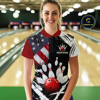 Custom US Flag Bowling Shirts for Women Polo & Quarter-Zip Bowling Team Bowling League HNT83