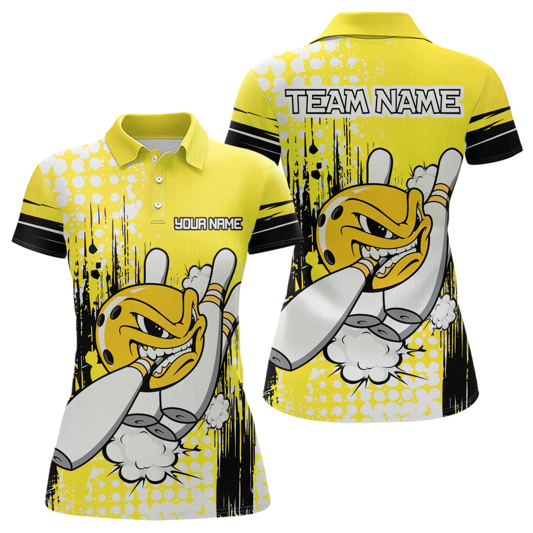 Personalized Yellow Funny Crazy Bowling Shirt for Women Polo & Quarter-Zip Bowling Jersey with Team HNT03