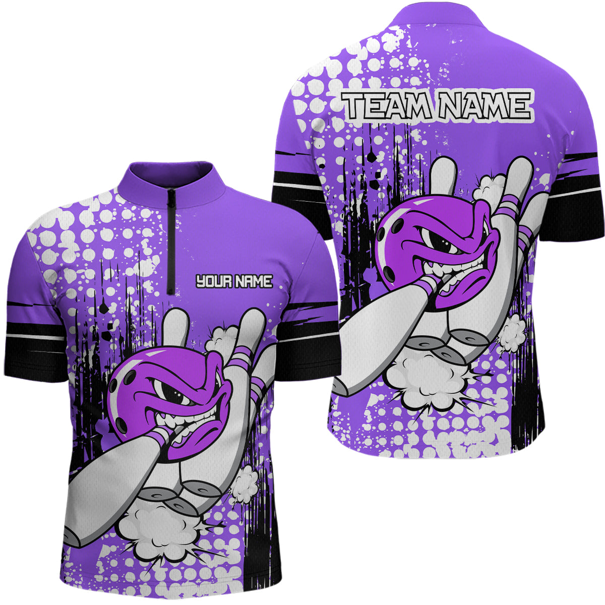Personalized Purple Funny Crazy Bowling Shirt for Men Polo & Quarter-Zip Bowling Jersey with Team HNT03