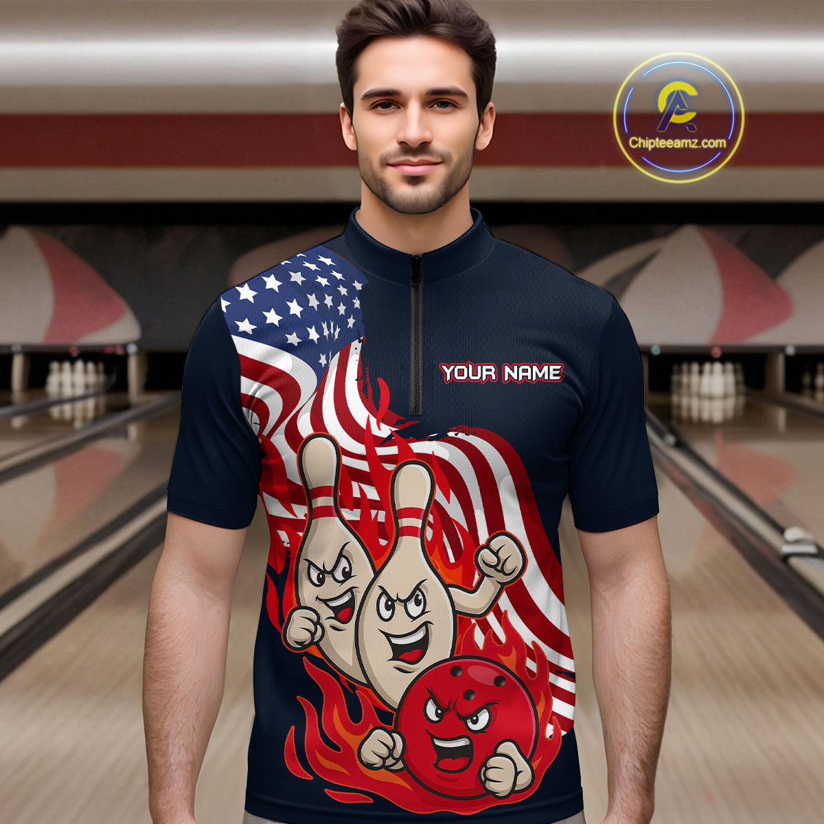 Custom American Flag Bowling Men Polo & 1/4 Zip Shirts Funny Flame Bowling Team Jerseys HNT92