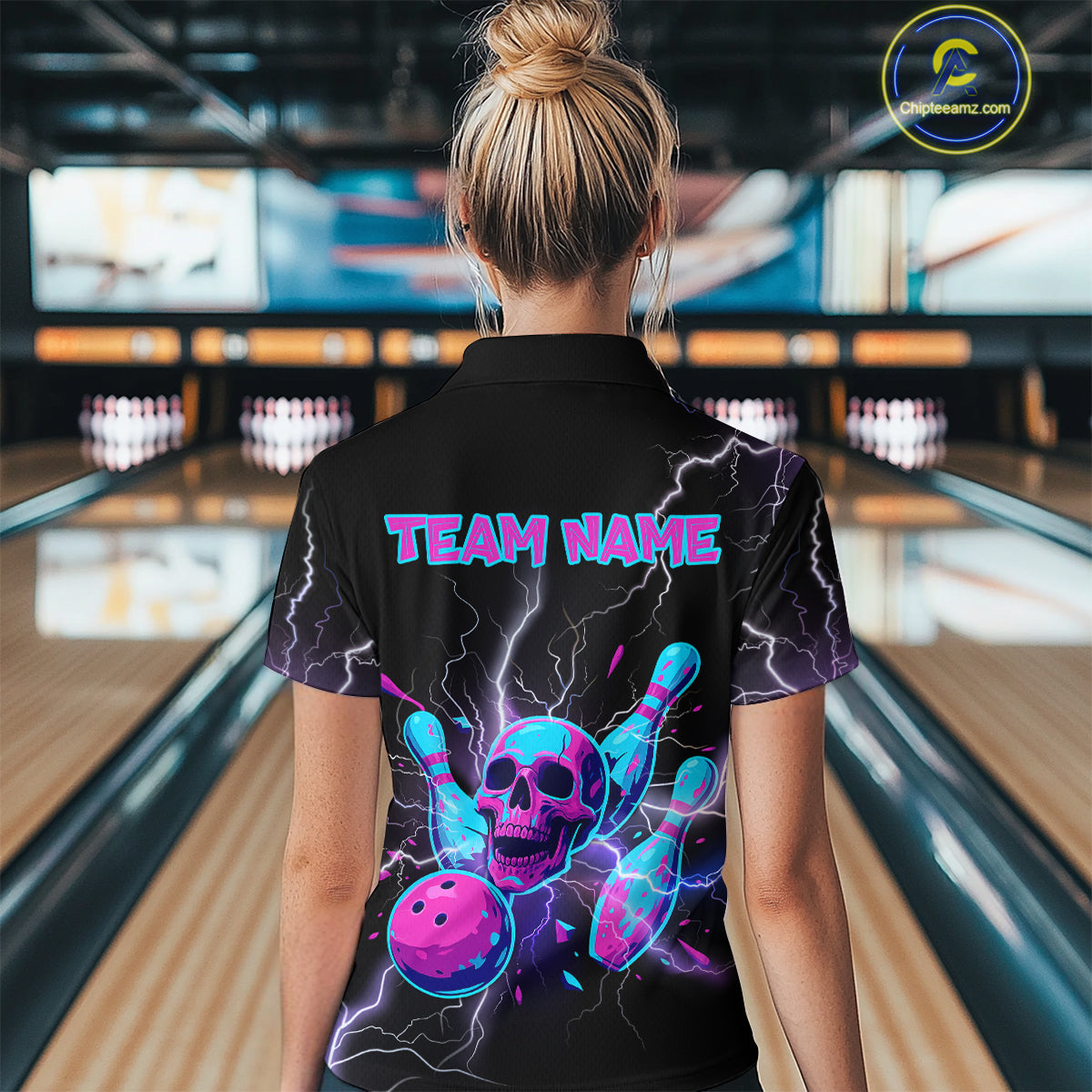 Custom Thunder Skull Flame Bowling Women Polo & 1/4 Zip Shirts Bowling Team Jerseys HNT93