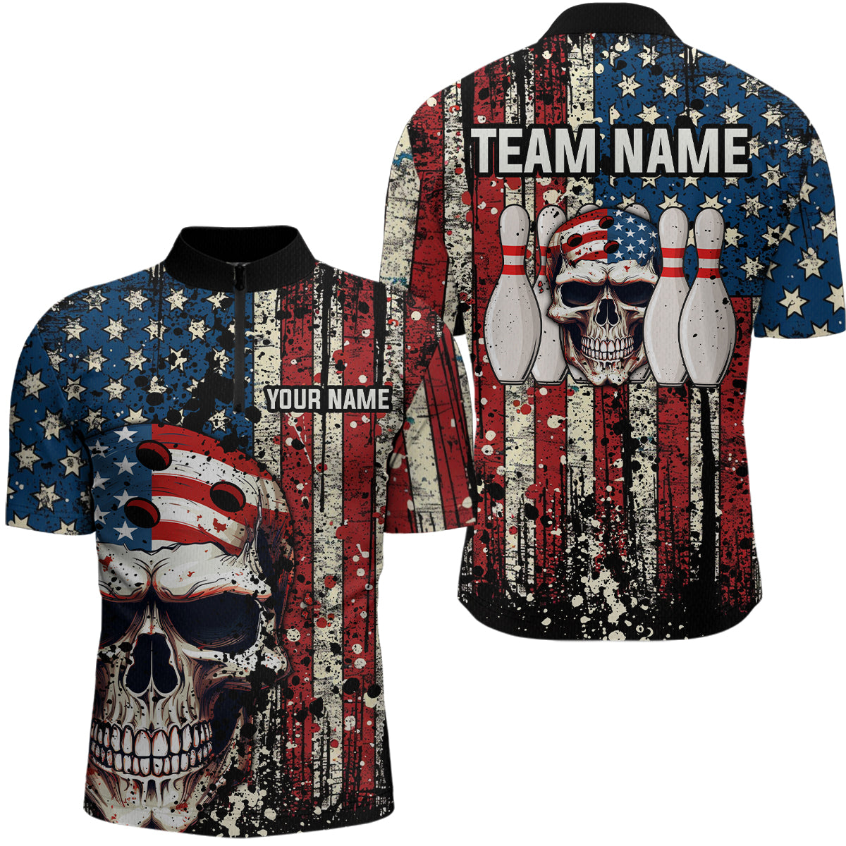 Skull US Flag Bowling Custom Men Bowling Shirt Polo & Quarter-Zip Bowling Team Jerseys HNT58