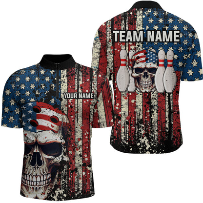 Skull US Flag Bowling Custom Men Bowling Shirt Polo & Quarter-Zip Bowling Team Jerseys HNT58