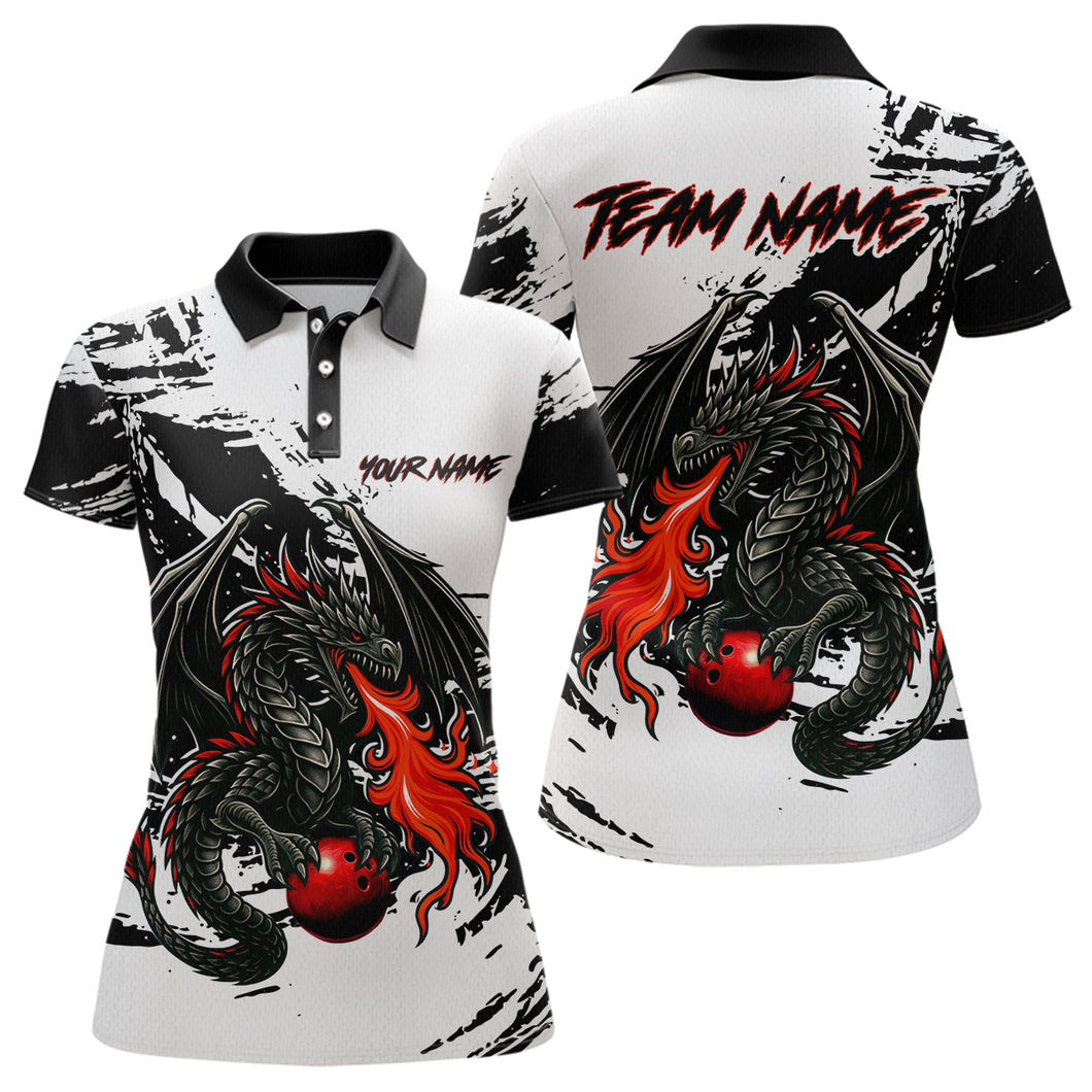 Custom Black Dragon Flame Bowling Women Shirts Bowling Gifts Polo & 1/4 Zip Bowling Team Jerseys HNT100