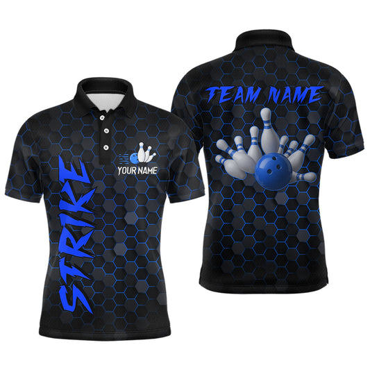 Custom Strike Blue Bowling Men Bowling Shirt Polo & Quarter-Zip Bowling Team Jerseys HNT79