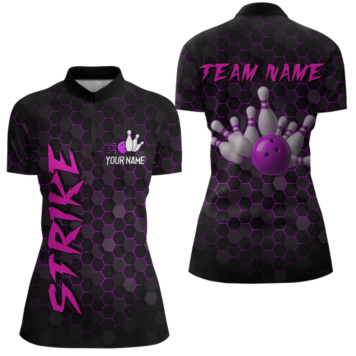 Custom Strike Purple Bowling Women Bowling Shirt Polo & Quarter-Zip Bowling Team Jerseys HNT79