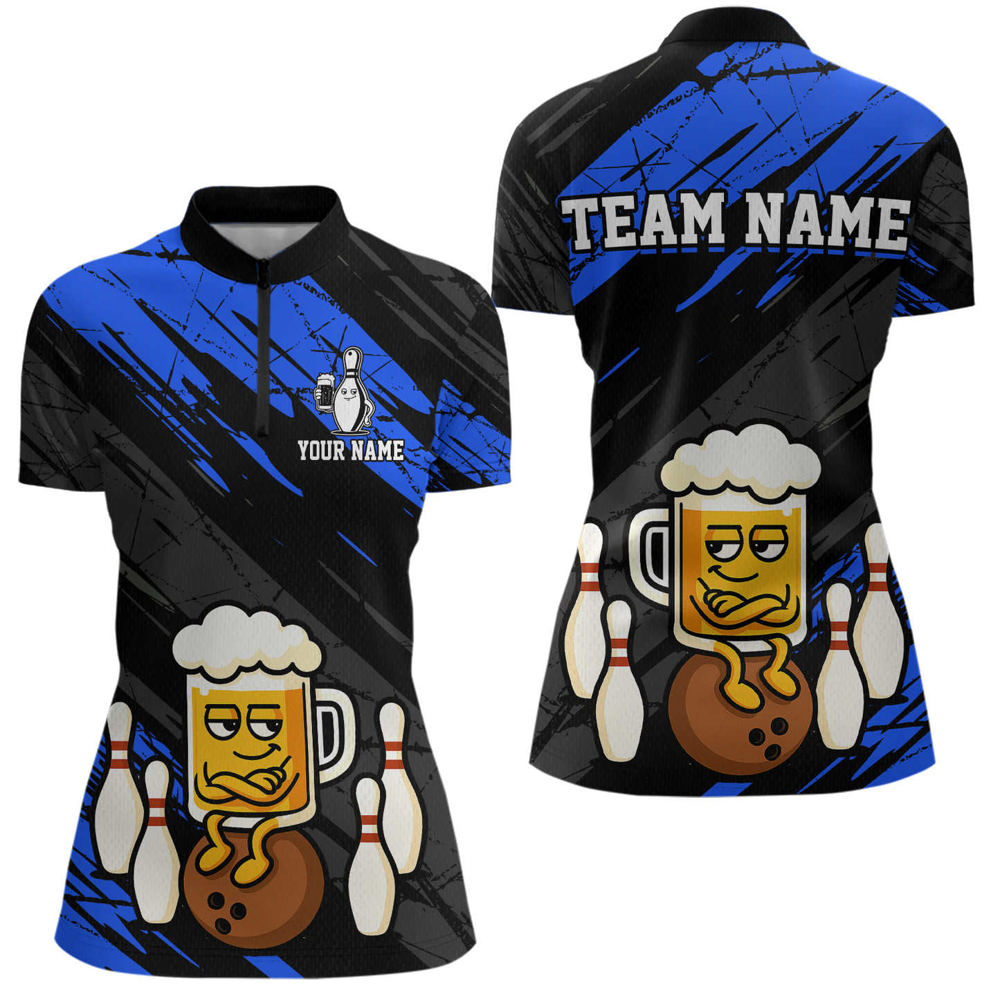 Custom Blue Funny Beer Bowling Jersey for Women Bowling Uniform Polo & 1/4 Zip Bowling Team Shirts HNT107