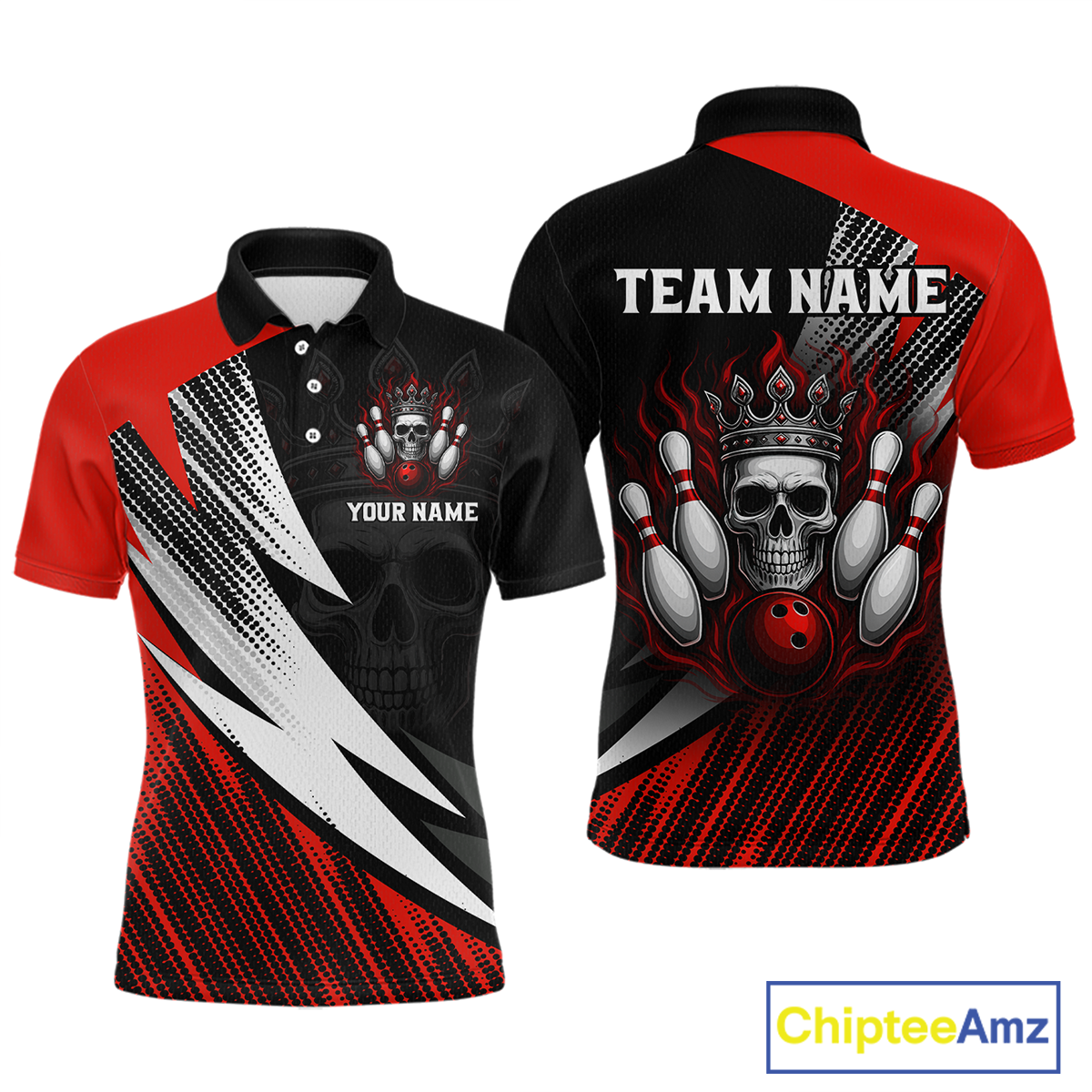 Red Skull Crown Bowling Custom Men Bowling Shirt Polo & Quarter-Zip Bowling Team Jerseys HNT65