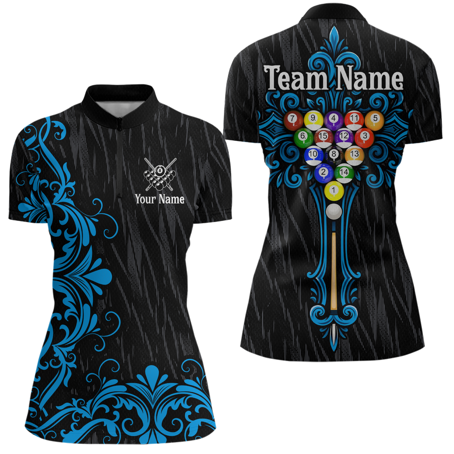 Custom Blue Baroque Pattern Ball Pool Billiard Shirts for Women Team Polo & 1/4 Zip Shirts NNT60