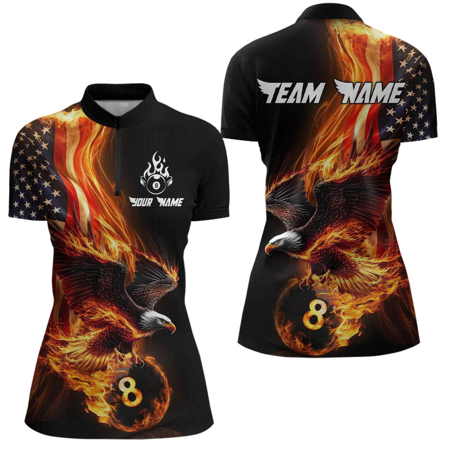 Custom Flaming US Flag Eagle Billiard Jersey for Women Billiard Shirt Billiard Gifts Polo & 1/4 Zip NNT58