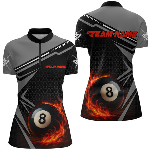 Personalized Grey 8 Ball Flame Billiard Shirts for Women, Billiard Team Polo & 1/4 Zip Shirts NNT65