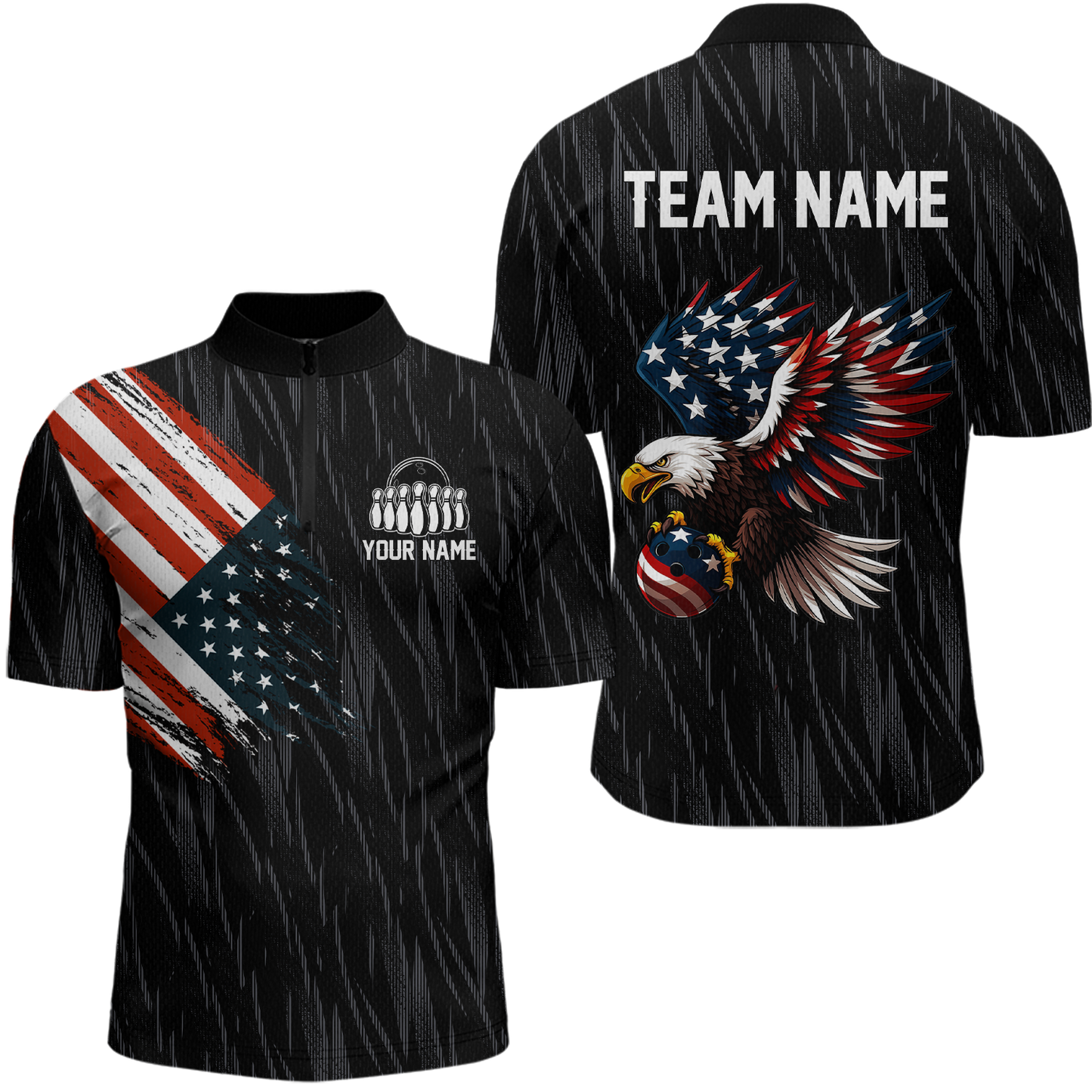 Custom American Flag Eagle Bowling Men Polo & 1/4 Zip Shirts Bowling Team Jerseys HNT89