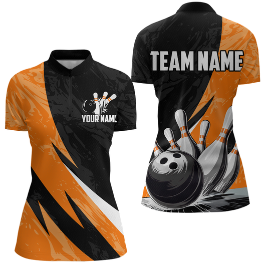 Custom Orange Bowling Custom Women Bowling Shirt Polo & Quarter-Zip Bowling Team Jerseys HNT75