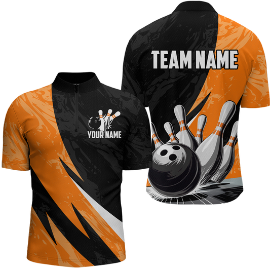 Custom Orange Bowling Custom Men Bowling Shirt Polo & Quarter-Zip Bowling Team Jerseys HNT75