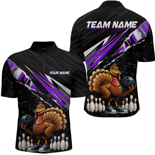 Custom Purple Funny Turkey Bowling Jersey for Men Thanksgiving Bowling Shirts Polo & 1/4 Zip HNT117