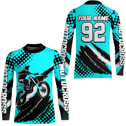 Personalized Turquoise Racing Jersey Motocross for Men Women Kid Upf30+ Youth Off-Road Racing Jersey DNT02