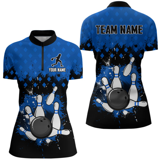 Custom Blue Bowling Jersey For Men Bowling Shirt Team Bowling Quarter-Zip Shirt CP09