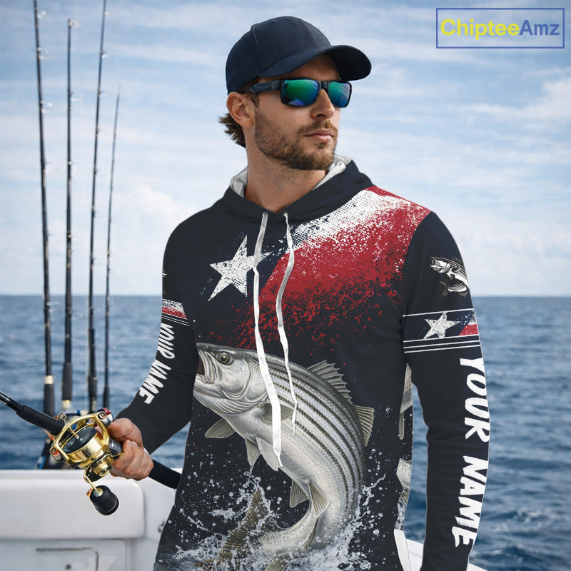 Custom Vintage Striped Bass Long Sleeve Hooded Patriotic Fishing Shirt For Men, Bass Texas Flag Fishing Shirt NHT768