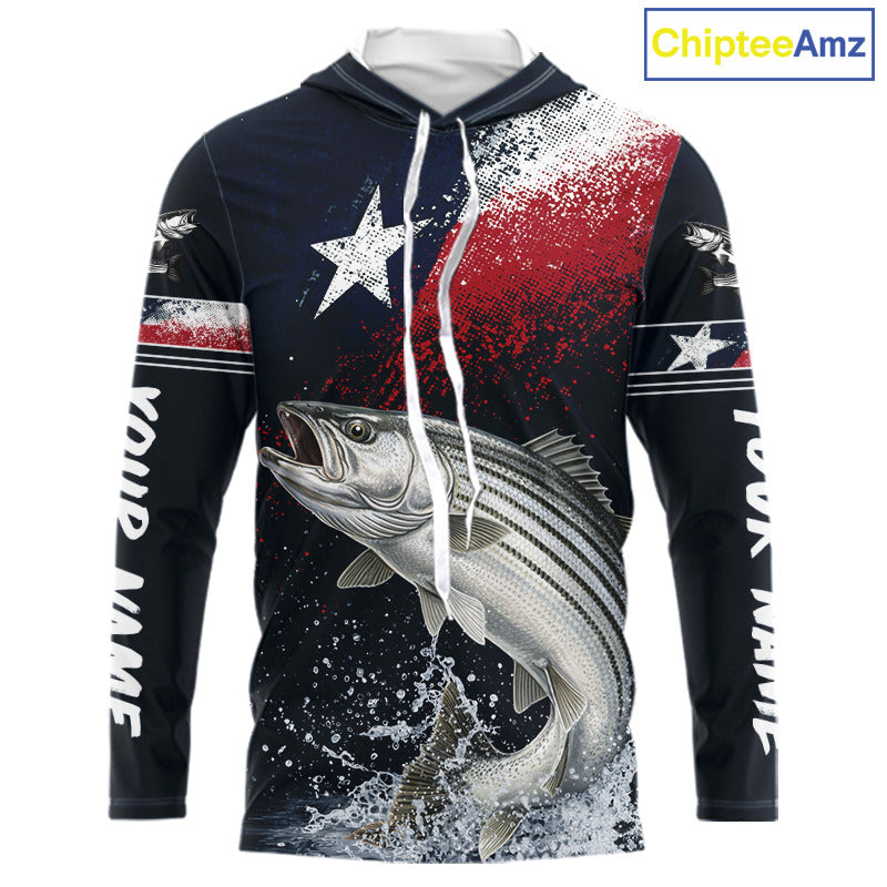Custom Vintage Striped Bass Long Sleeve Hooded Patriotic Fishing Shirt For Men, Bass Texas Flag Fishing Shirt NHT768