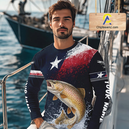 Custom Vintage Brown Trout Long Sleeve Patriotic Fishing Shirt For Men, Trout Texas Flag Fishing Shirt NHT767