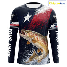 Load image into Gallery viewer, Custom Vintage Brown Trout Long Sleeve Patriotic Fishing Shirt For Men, Trout Texas Flag Fishing Shirt NHT767