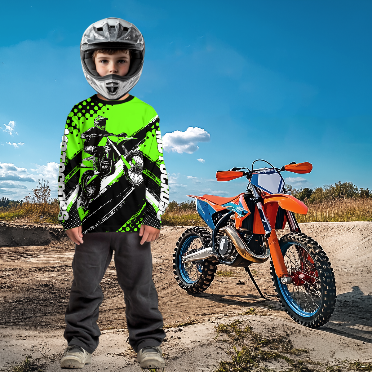 Personalized Green Racing Jersey Motocross for Men Women Kid Upf30+ Youth Off-Road Racing Jersey DNT02