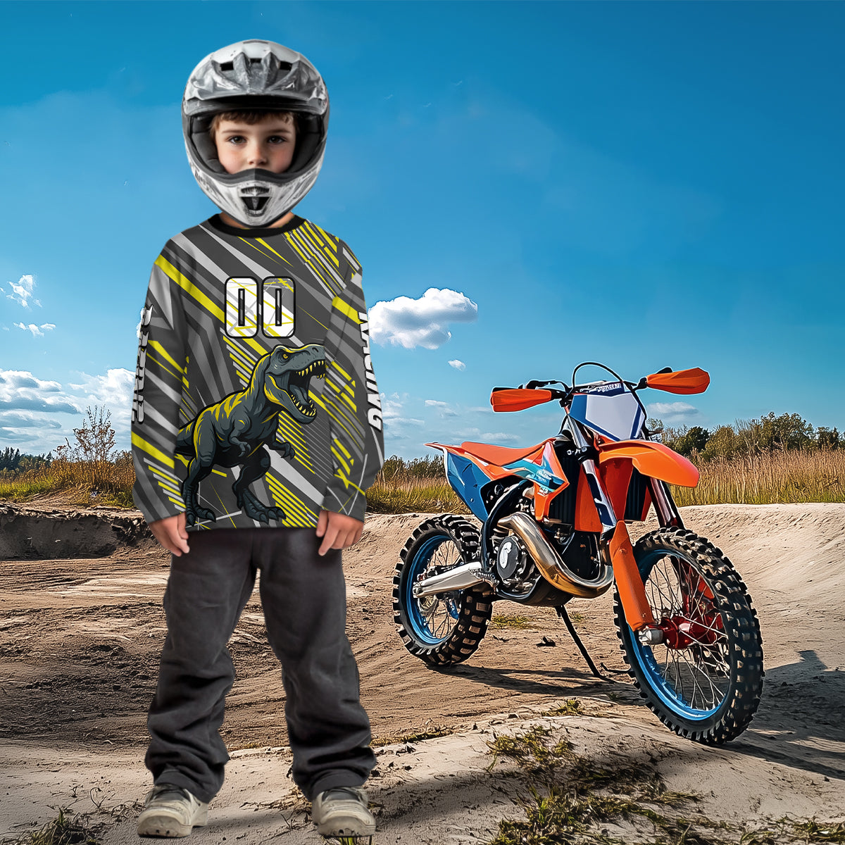 Dinosaur Motocross Jersey Yellow&Grey Dirt Bike Jersey for Men Kid Women Upf30+ XM349