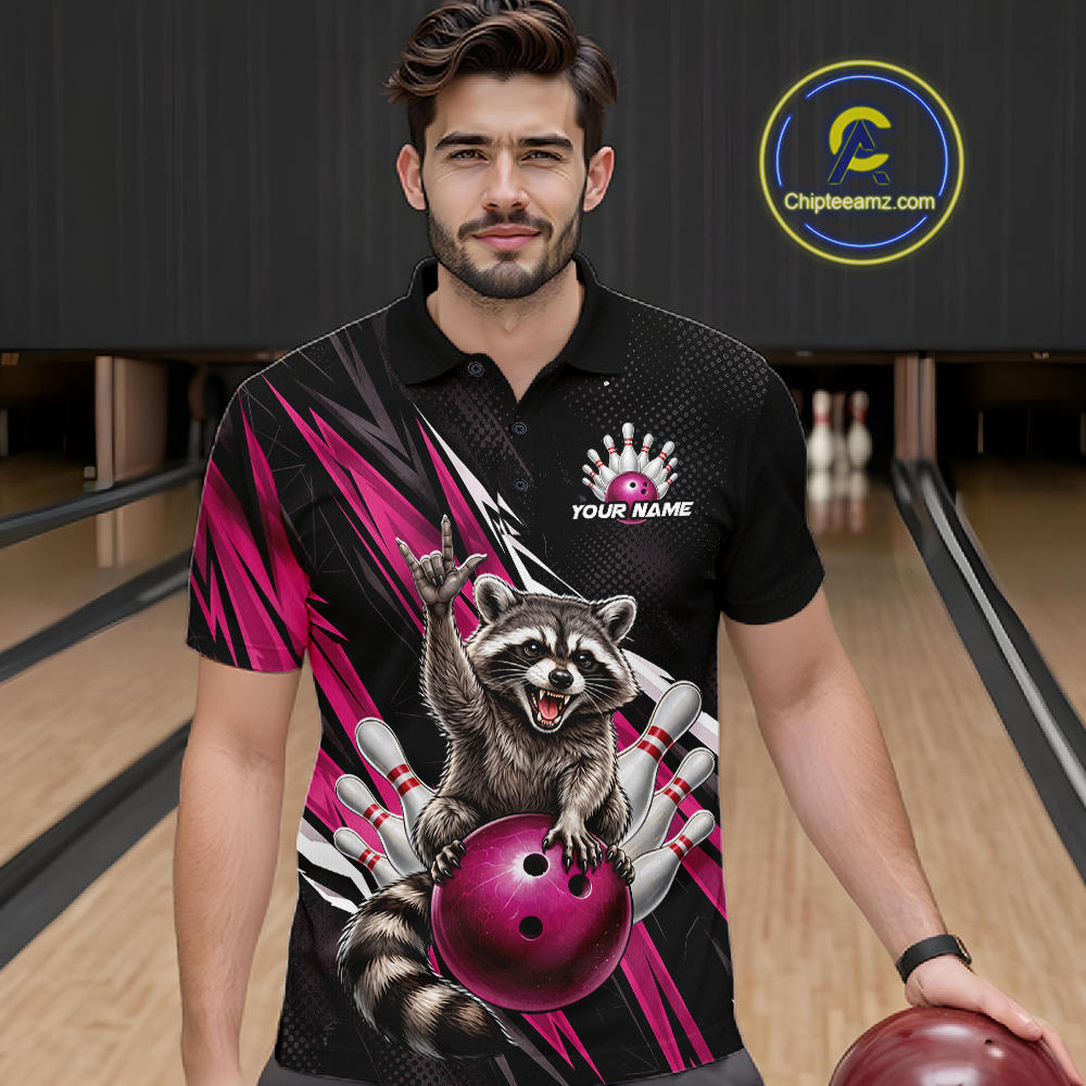 Custom Pink Raccoon Bowling Jersey for Men Bowling Team Shirts Bowling Polo & 1/4 Zip HNT254