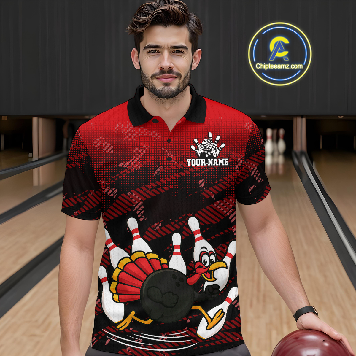 Custom Red Funny Turkey Bowling Jersey for Men Thanksgiving Bowling Team Shirts Polo & 1/4 Zip HNT125