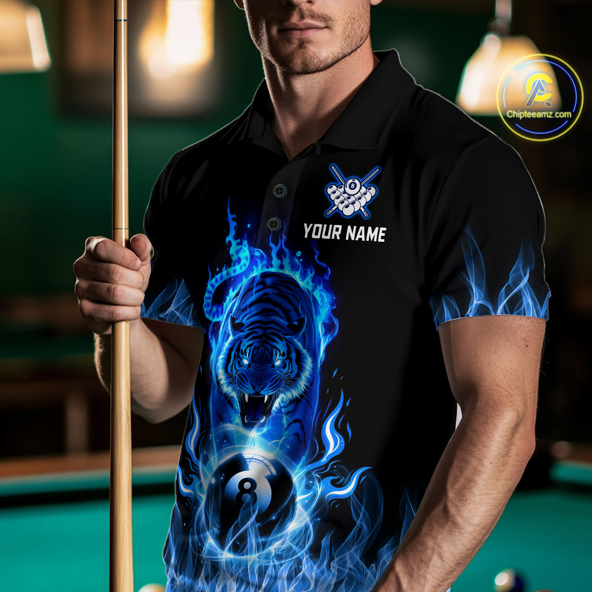 Custom Blue Tiger Flaming 8 Ball Pool Men Billiard Polo & 1/4 Zip Shirts Billiard Team Shirt NNT79