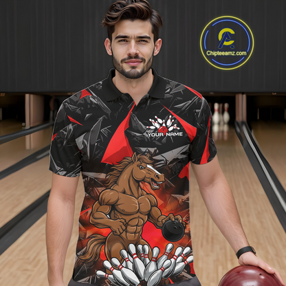 Custom Red Funny Horse Bowling Jersey for Men Bowling Team Shirts Bowling League Polo & 1/4 Zip HNT183