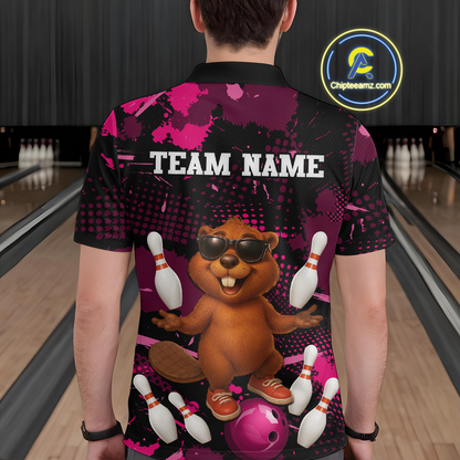 Custom Pink Funny Beaver Bowling Team Shirt Men Bowling League Jersey Polo Bowling Outfit QZT764