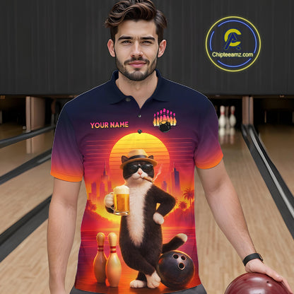 Beer Cat Funny Bowling Shirt for Men Retro Custom Cat with Beer Bowling Team Jersey HNT274