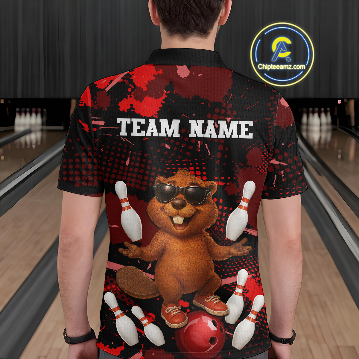 Custom Red Funny Beaver Bowling Team Shirt Men Bowling League Jersey Polo Bowling Outfit QZT764