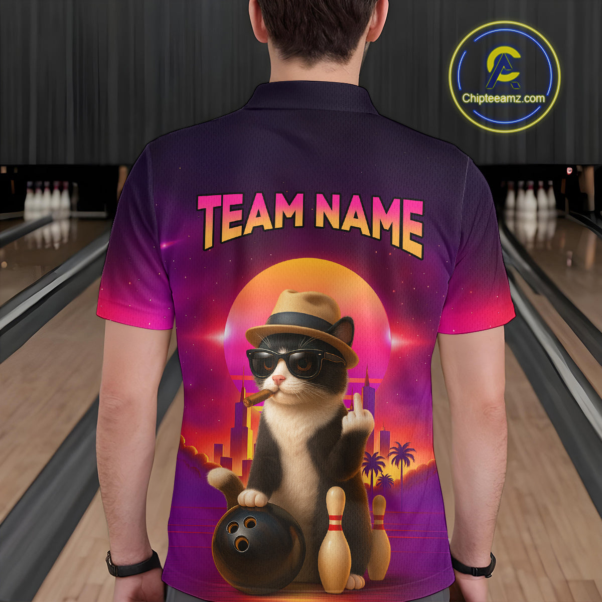 Custom Funny Cat Bowling Jersey for Men Bowling League Polo & 1/4 Zip Bowling Team Shirts HNT142