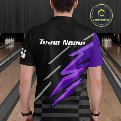 Black and Purple Lightning Bowling Polo, Quarter Zip Shirt for Men Custom Bowling Team League Jersey NQS10907
