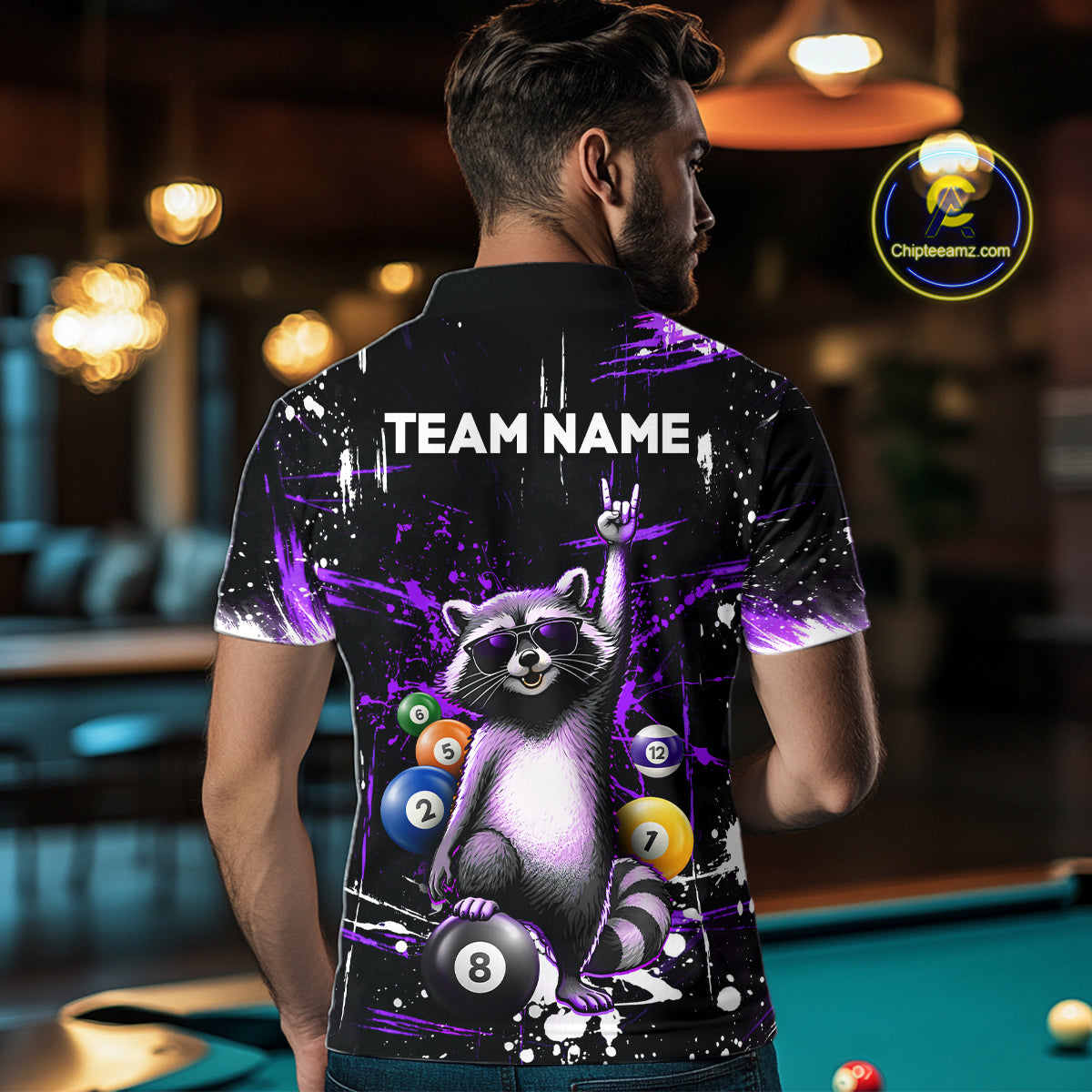 Custom Purple Funny Raccoon Billiard Shirt for Men 8 Ball Pool Billiard Jersey Polo & 1/4-Zip BHT5