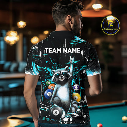 Custom Turquoise Funny Raccoon Billiard Shirt for Men 8 Ball Pool Billiard Jersey Polo & 1/4-Zip BHT5