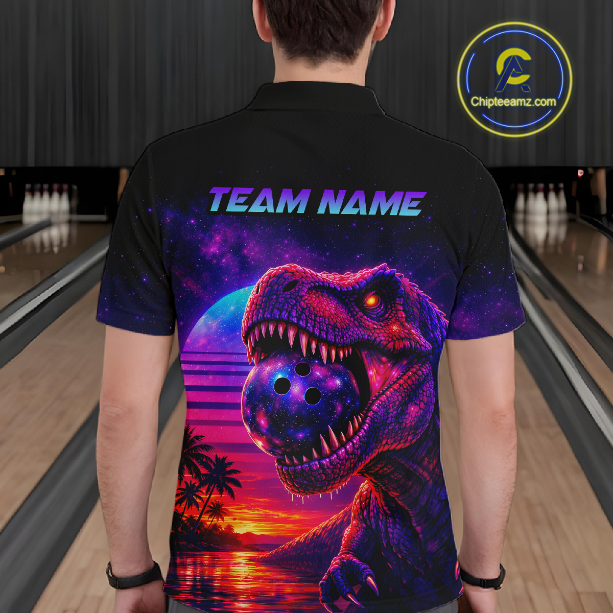 Custom Retro Galaxy Dinosaur Bowling Jersey for Men Bowling Shirts for Team Polo & 1/4 Zip HNT245