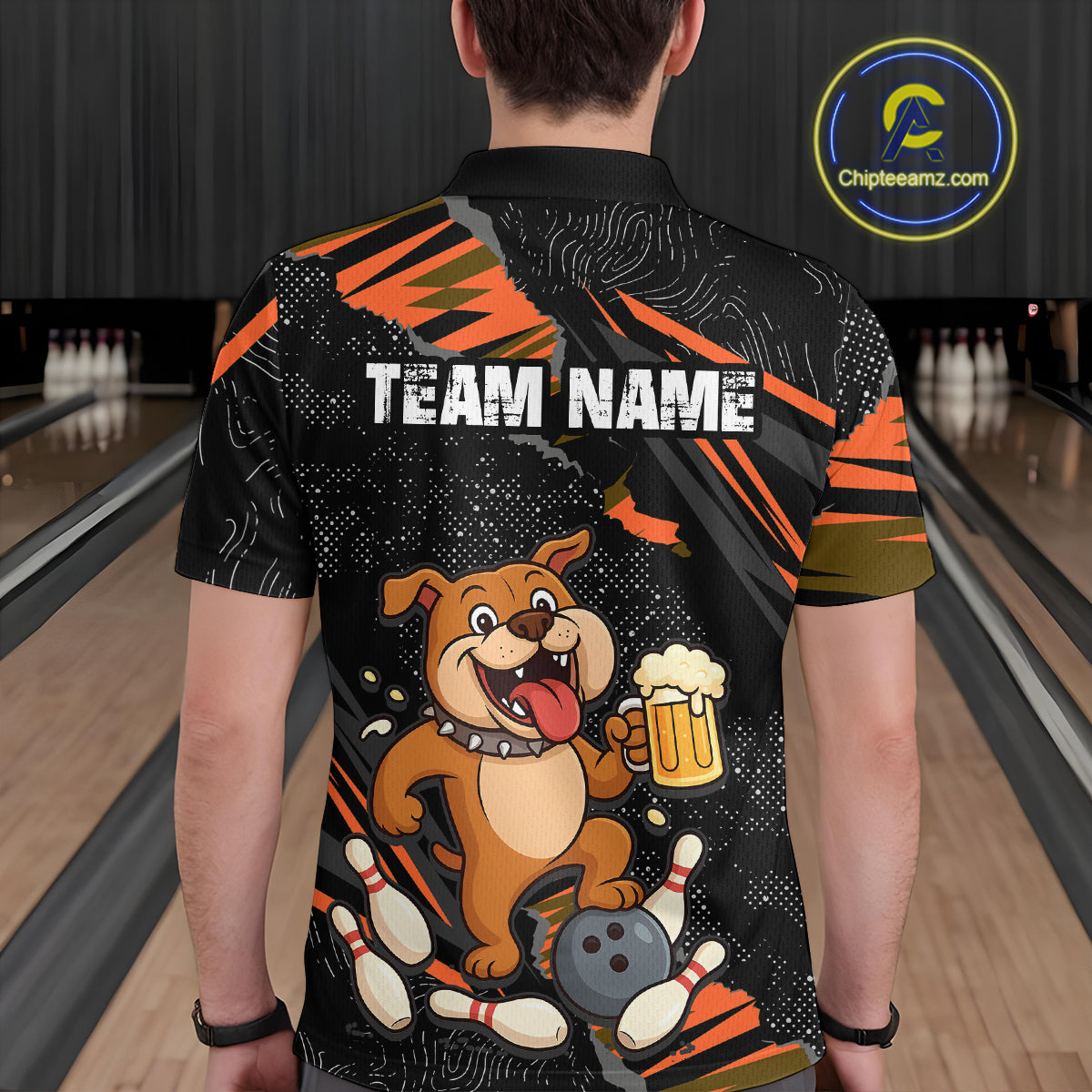 Custom Orange Funny Bulldog & Beer Bowling Shirt Men Bowling Team Jersey League Polo & 1/4 Zip QZT812