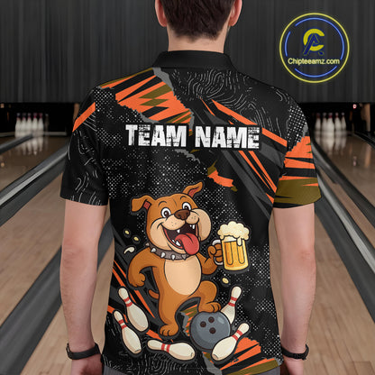 Custom Orange Funny Bulldog & Beer Bowling Shirt Men Bowling Team Jersey League Polo & 1/4 Zip QZT812