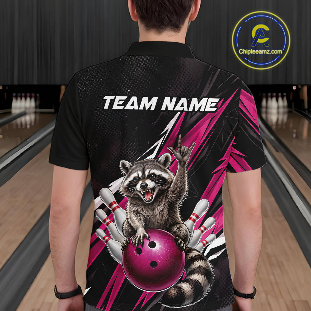 Custom Pink Raccoon Bowling Jersey for Men Bowling Team Shirts Bowling Polo & 1/4 Zip HNT254