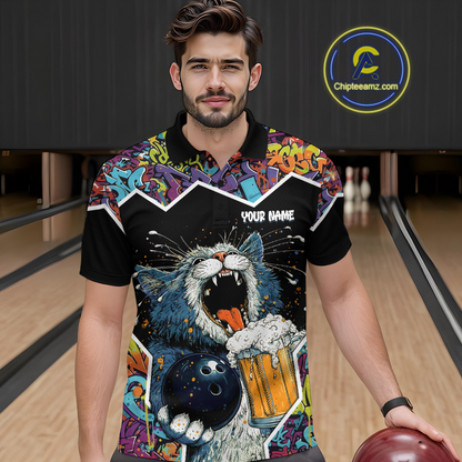 Custom Funny Cat Beer Bowling Jersey for Men Polo & 1/4 Zip Bowling Team Shirts HNT146