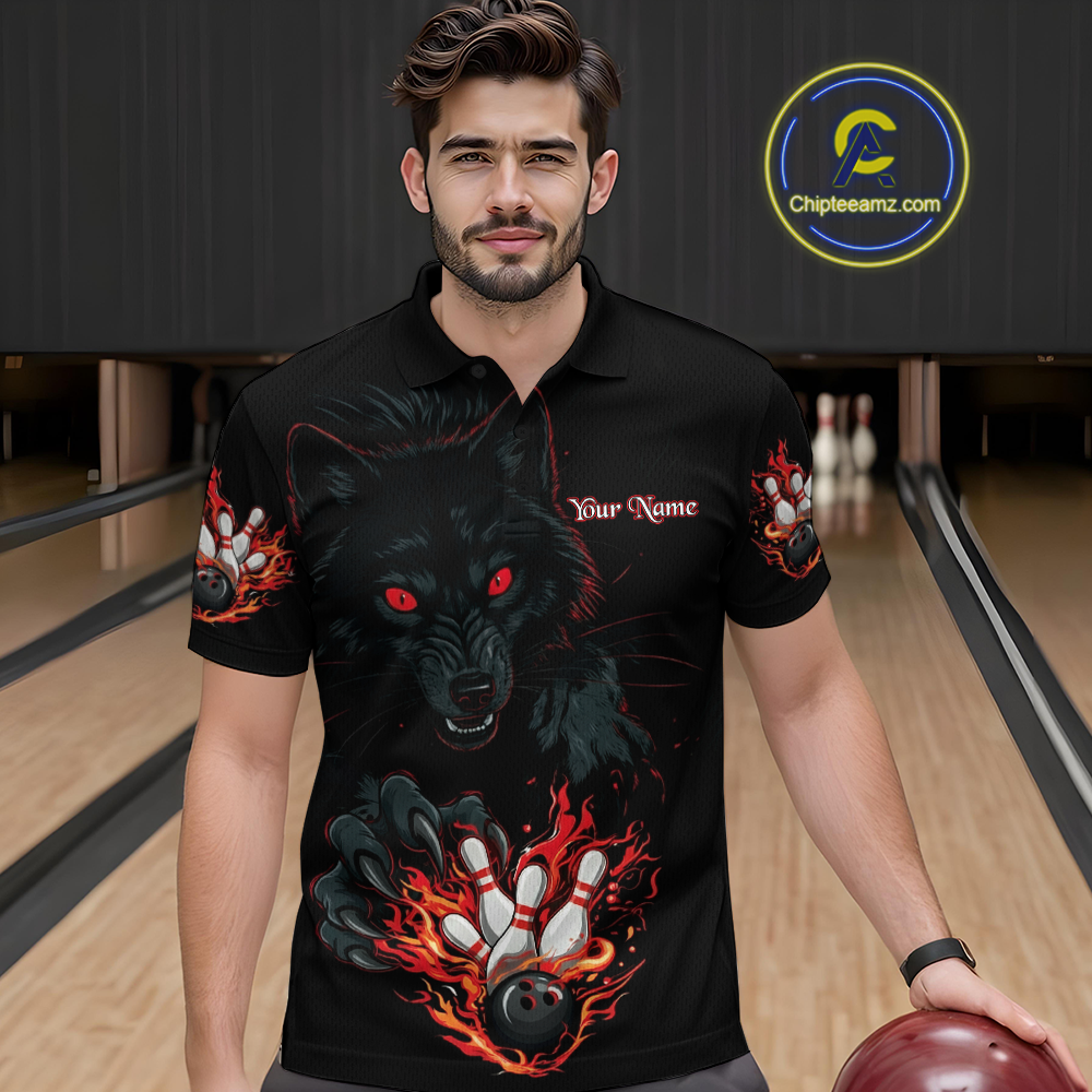 Custom Flame Wolf  Bowling Jersey for Men Bowling Uniform Polo & 1/4 Zip Bowling Team Shirts HNT144